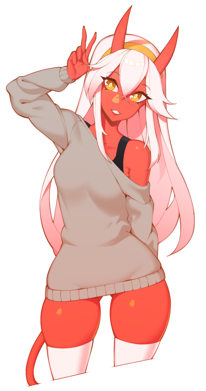 1girl arm_at_side commission demon_girl demon_horns demon_tail gluteal_fold grey_sweater hair_between_eyes hairband halphelt hand_up highres horns long_hair long_sleeves looking_at_viewer original parted_lips red_skin sidelocks simple_background solo standing sweater tail thighhighs v very_long_hair white_background white_hair white_legwear yellow_eyes yellow_hairband