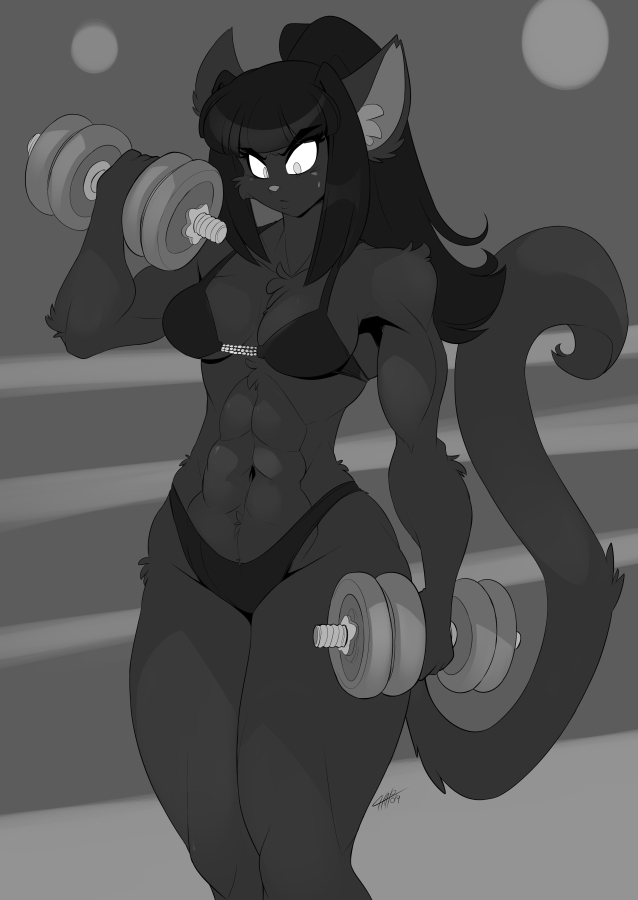 2019 abs anthro breasts chalo cleavage clothed clothing domestic_cat dumbbell exercise felid feline felis female fur greyscale hair las_lindas long_hair mammal monochrome muscular muscular_female navel rachael_saleigh solo standing webcomic weights