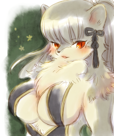 abstract_background anthro asahina_yasuyoshi big_breasts black_ribbon blush breasts domestic_ferret female fur grey_fur grey_hair hair kemono long_hair low_res mammal mustela mustelid musteline open_mouth red_eyes side_boob solo standing under_boob ふくわん
