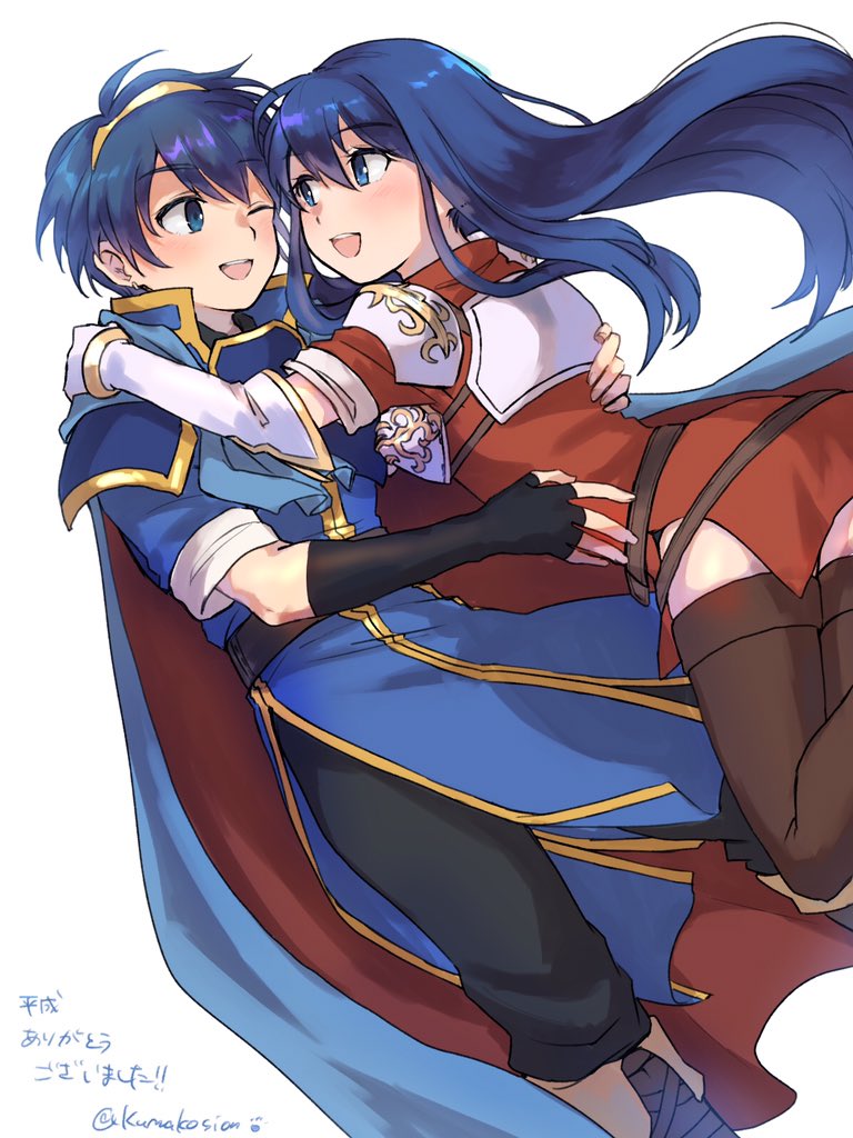 1boy 1girl armor blue_eyes blue_hair blush cape couple dress elbow_gloves fingerless_gloves fire_emblem fire_emblem:_monshou_no_nazo gloves hug kumakosion long_hair marth nintendo one_eye_closed open_mouth pegasus_knight sheeda short_hair simple_background smile thighhighs white_background