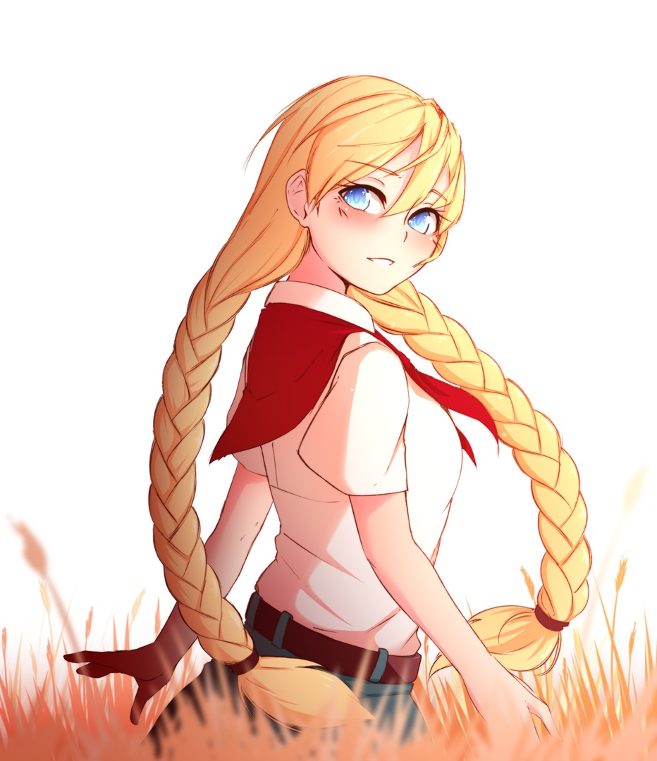 1girl blonde_hair blue_eyes blush braid breasts deredereday everlasting_summer field long_hair looking_at_viewer pioneer simple_background slavya-chan smile solo sunlight twin_braids very_long_hair