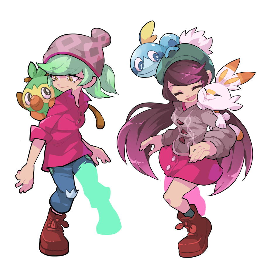 2019 5_fingers alternate_species amber_eyes beret black_hair blue_skin bottomwear callie_(splatoon) clothed clothing crossover digital_media_(artwork) eyes_closed female female_protagonist_(pok&eacute;mon_swsh) fur green_fur green_hair grin grookey group hair hat headgear headwear human humanized jeans lagomorph long_hair male_protagonist_(pok&eacute;mon_swsh) mammal marie_(splatoon) nintendo open_mouth pants pok&eacute;mon pok&eacute;mon_(species) pose primate reptile sapphire1010 scalie scorbunny shirt short_hair simple_background skirt smile sobble splatoon squid_sisters_(splatoon) standing topwear video_games white_background white_fur