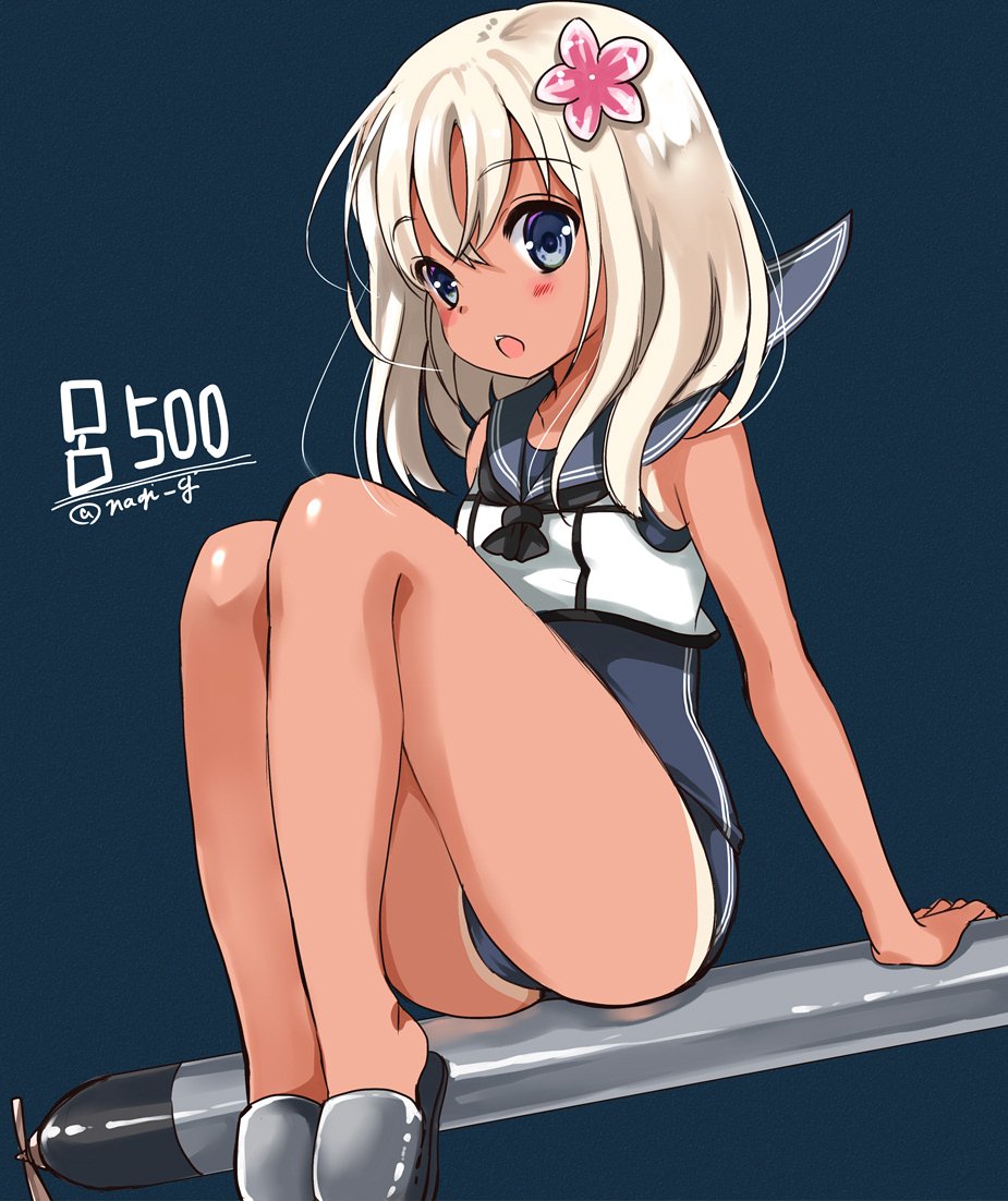 1girl black_swimsuit blonde_hair blue_background blue_eyes character_name crop_top full_body gouda_nagi kantai_collection long_hair one-piece_swimsuit one-piece_tan open_mouth ro-500_(kantai_collection) sailor_collar sandals school_swimsuit simple_background sitting solo swimsuit swimsuit_under_clothes tan tanline torpedo twitter_username upper_teeth