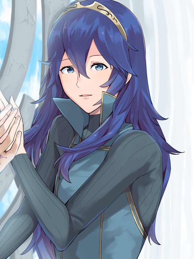 1boy 1girl a_meno0 bed blue_eyes blue_hair blush couple fire_emblem fire_emblem:_kakusei hair_between_eyes hand_holding long_hair looking_at_viewer lucina male_my_unit_(fire_emblem:_kakusei) mamkute my_unit_(fire_emblem:_kakusei) nintendo simple_background smile tattoo tiara