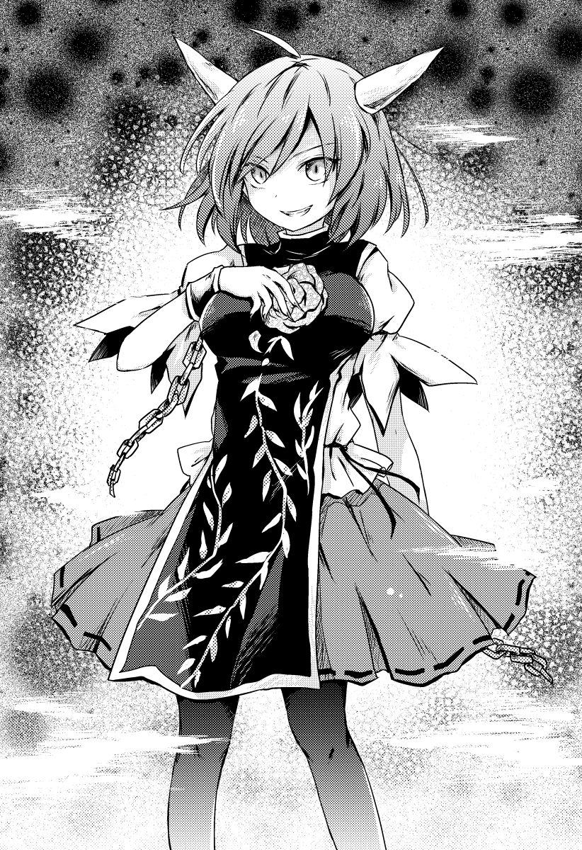 1girl ahoge arm_behind_back bangs black_legwear breasts chains commentary_request cuffs evil_grin evil_smile eyebrows_visible_through_hair fingernails flower greyscale grin halftone halftone_background hand_on_own_chest high_contrast highres horns ibaraki_douji's_arm medium_breasts monochrome oni_horns pantyhose pote_(ptkan) puffy_short_sleeves puffy_sleeves rose shackles sharp_fingernails shirt short_hair short_sleeves slit_pupils smile solo spoilers standing tabard touhou white_shirt wild_and_horned_hermit