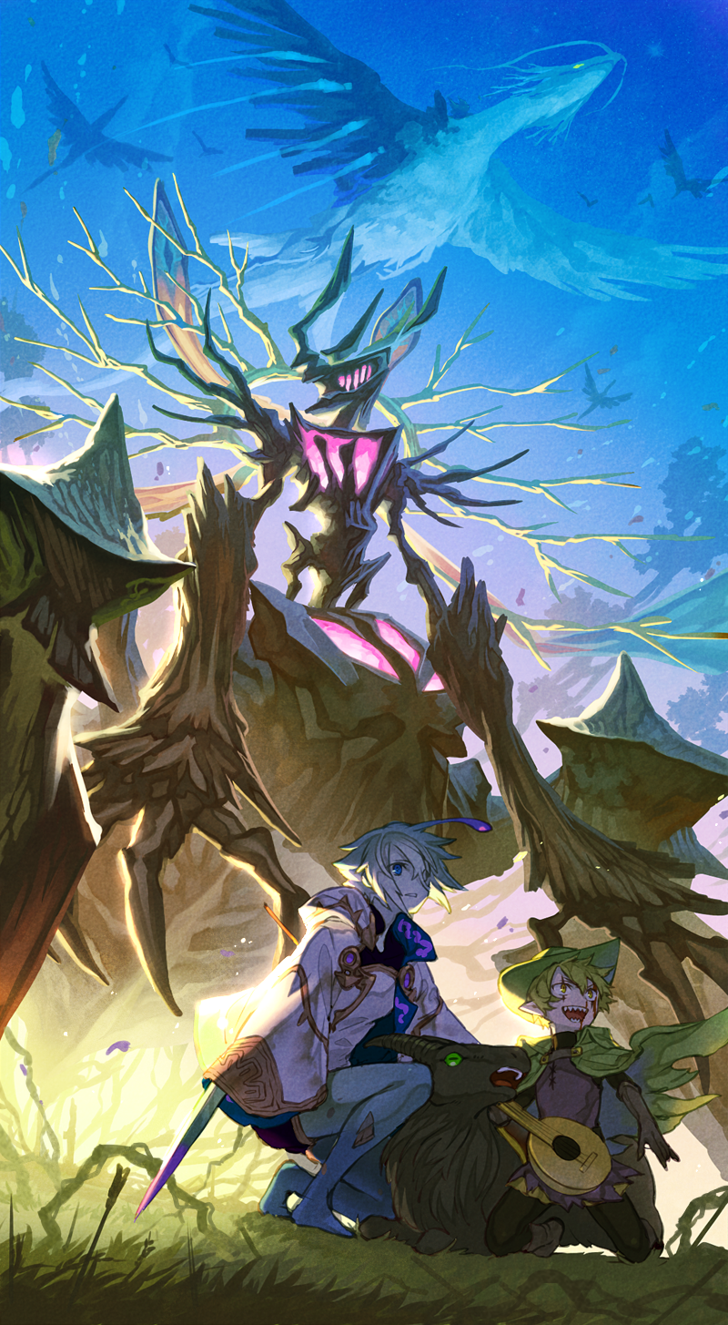 2boys antennae barefoot blue_eyes blue_sky brown_eyes brown_footwear brown_gloves cape dragon gloves goat grass green_cape green_eyes green_headwear highres instrument kneeling long_sleeves looking_to_the_side lute_(instrument) monster multiple_boys pixiv_fantasia pixiv_fantasia_last_saga planted_arrow sharp_teeth sky squatting teeth thuluth twilight yuzu_shio