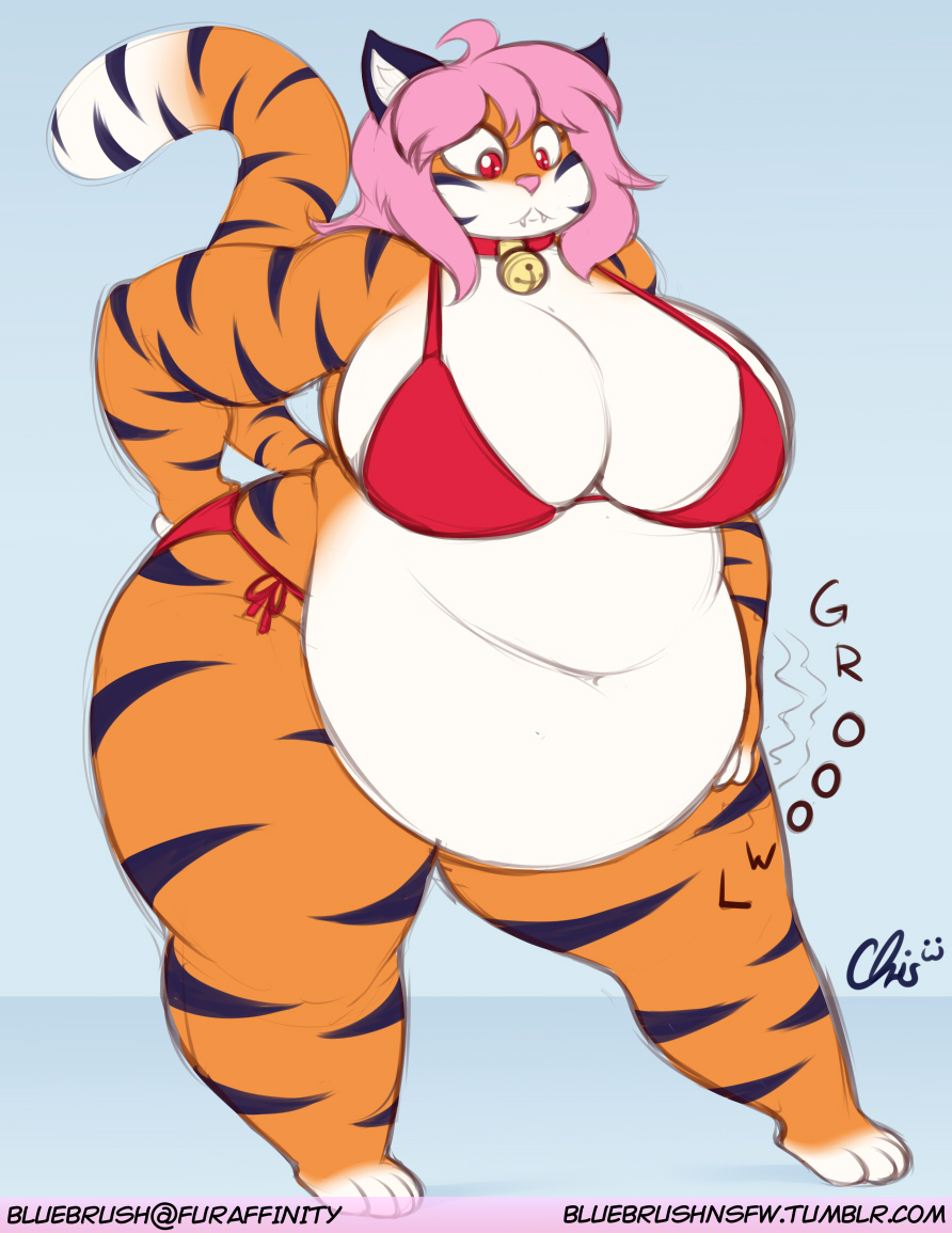 2016 anthro bell_collar belly big_belly big_breasts bikini biped breasts clothed clothing collar deep_navel digital_media_(artwork) english_text felid female front_view hair mammal midriff navel nekocrispy obese obese_female overweight overweight_female pantherine pink_hair red_eyes standing stomach_noises swimwear text thick_thighs tiger wide_hips