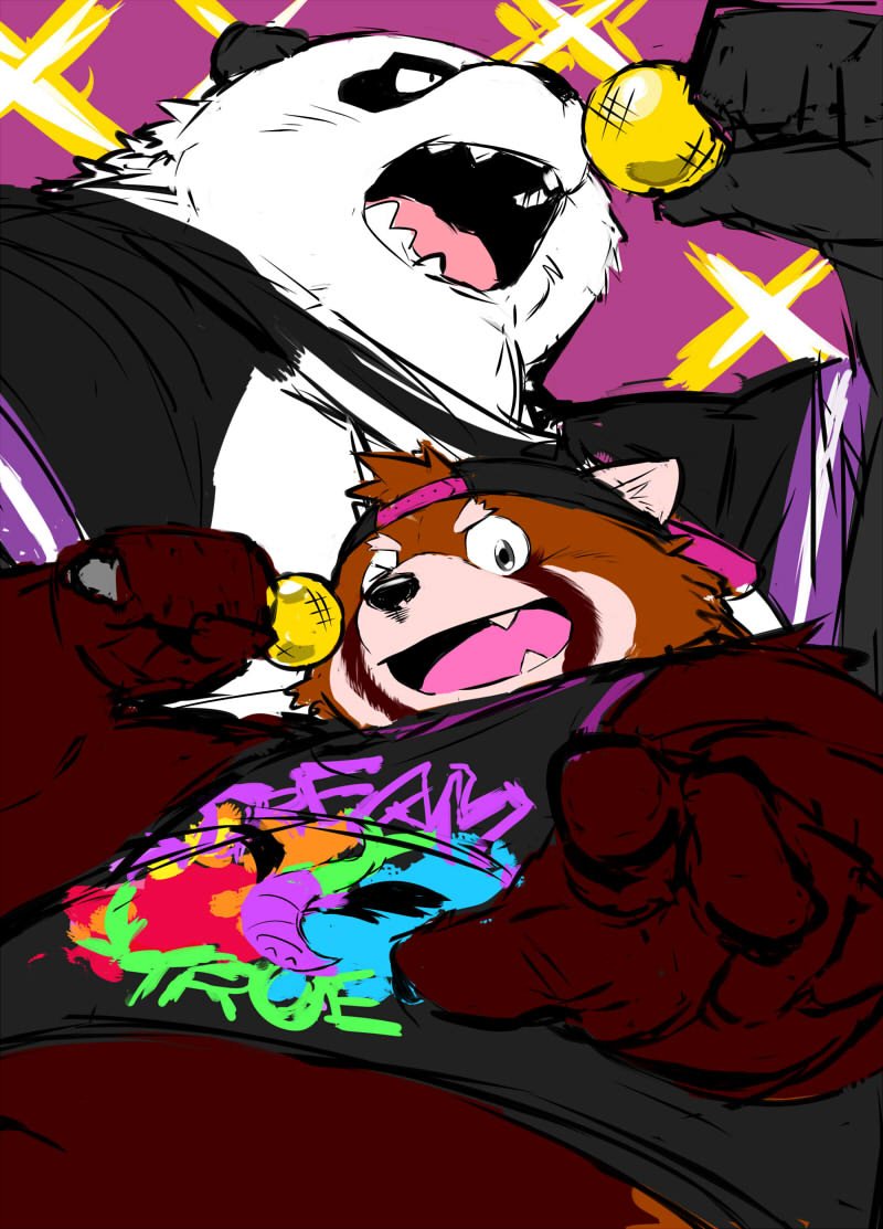 2019 ailurid alp_(tas) anthro belly clothing duo giant_panda male mammal one_eye_closed overweight overweight_male red_panda sessa shirt teeth tokyo_afterschool_summoners tongue topwear ursid video_games wink