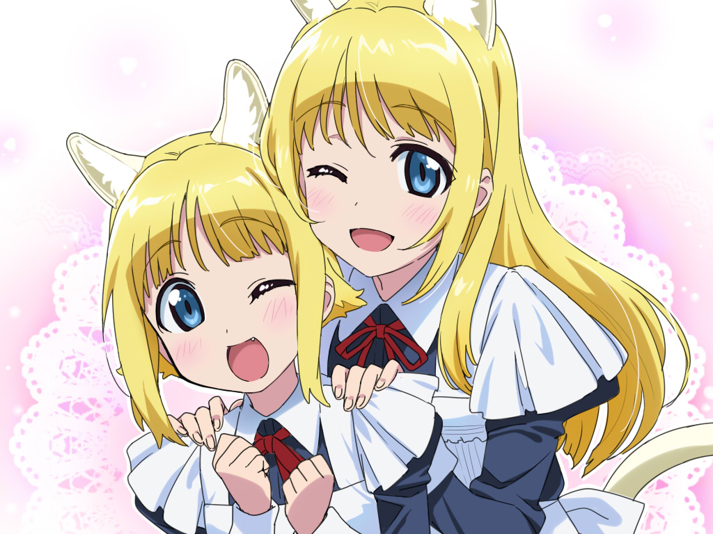 2girls ;d animal_ear_fluff animal_ears apron bangs blonde_hair blue_dress blue_eyes blush cat_ears cat_girl cat_tail collared_dress commentary_request doily dress eyebrows_visible_through_hair fang fingernails hands_on_another's_shoulders hands_up juliet_sleeves long_hair long_sleeves maid maid_apron multiple_girls neck_ribbon one_eye_closed open_mouth original puffy_sleeves red_ribbon ribbon smile tail tonbi very_long_hair white_apron