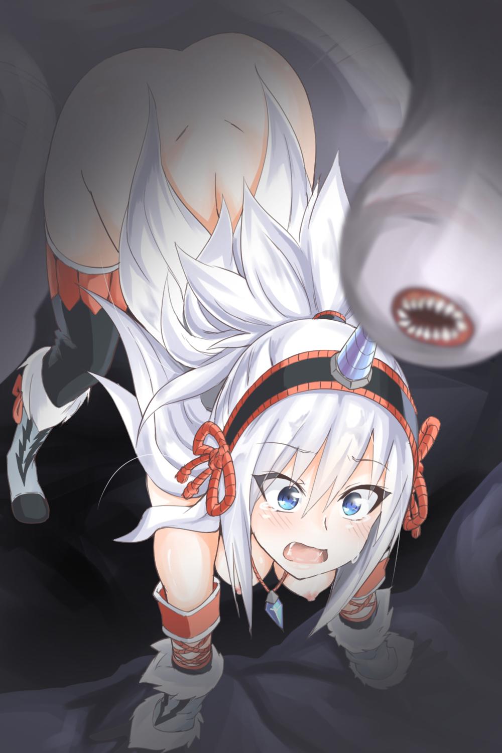1girl all_fours areolae ass bent_over blue_eyes blush boots bottomless breasts dimples_of_venus drooling fake_horns hanging_breasts highres jewelry khezu kirin_(armor) long_hair medium_breasts monster monster_hunter necklace nipples niwaka_potato open_mouth ponytail tears white_hair