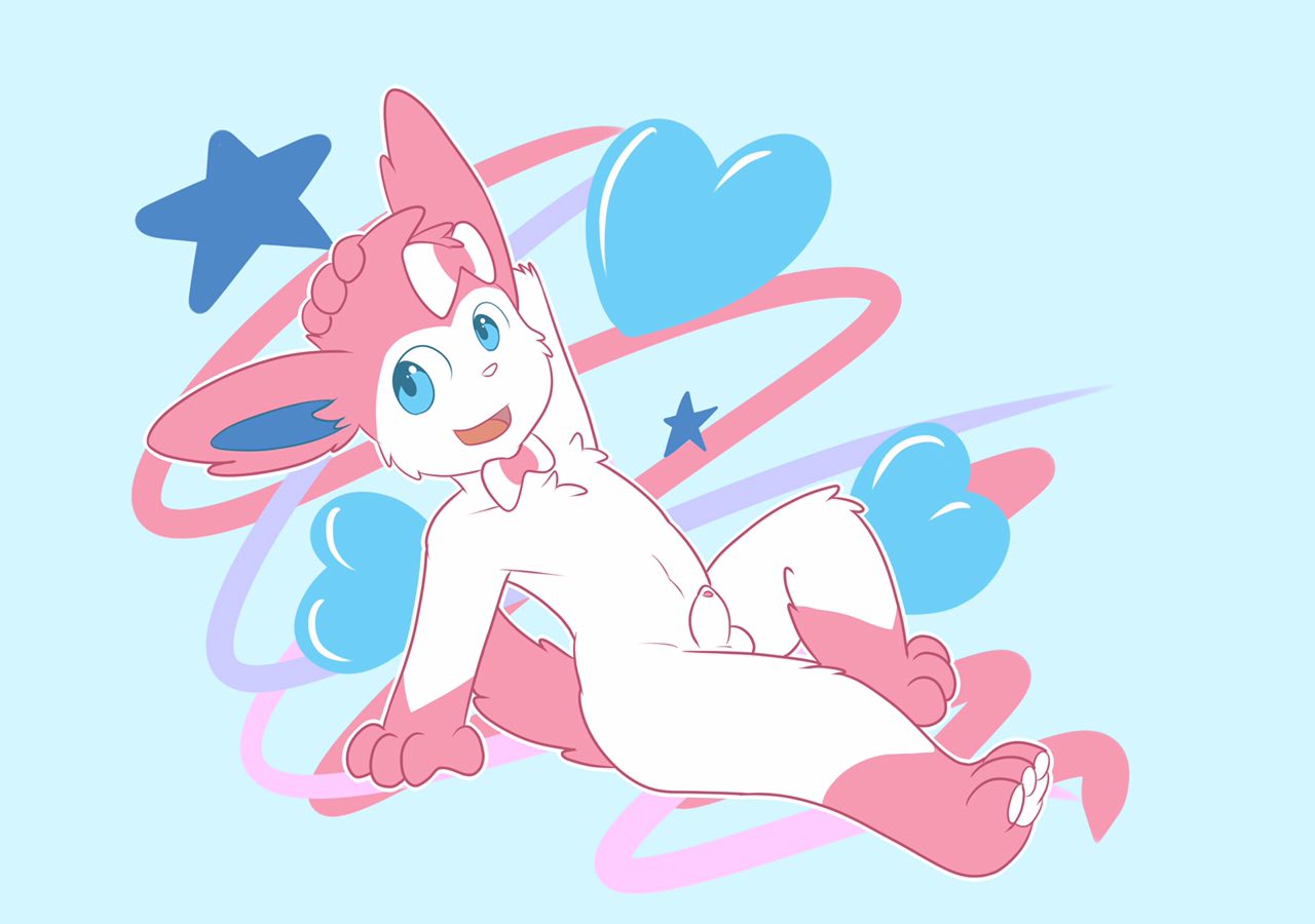 &lt;3 anthro balls blue_eyes bow_tie chest_tuft cub eeveelution flaccid fur girly hair hand_on_head looking_away male mostly_nude multicolored_fur nintendo pawpads penis pink_fur pok&eacute;mon pok&eacute;mon_(species) pose reclining ribbons skunket solo star sylveon tuft two_tone_fur uncut video_games white_fur white_pawpads young
