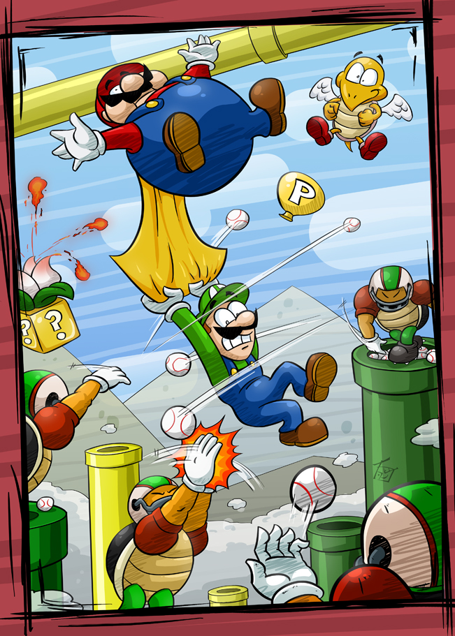 ?_block ball balloon baseball_(ball) black_hair brown_hair chargin'_chuck facial_hair fire flower hair hooksnfangs human koopa_paratroopa koopa_troopa luigi mammal mario mario_bros mustache nintendo overweight pipe plant reptile scalie super_mario_world turtle video_games volcano_plant warp_pipe wings yellow_skin