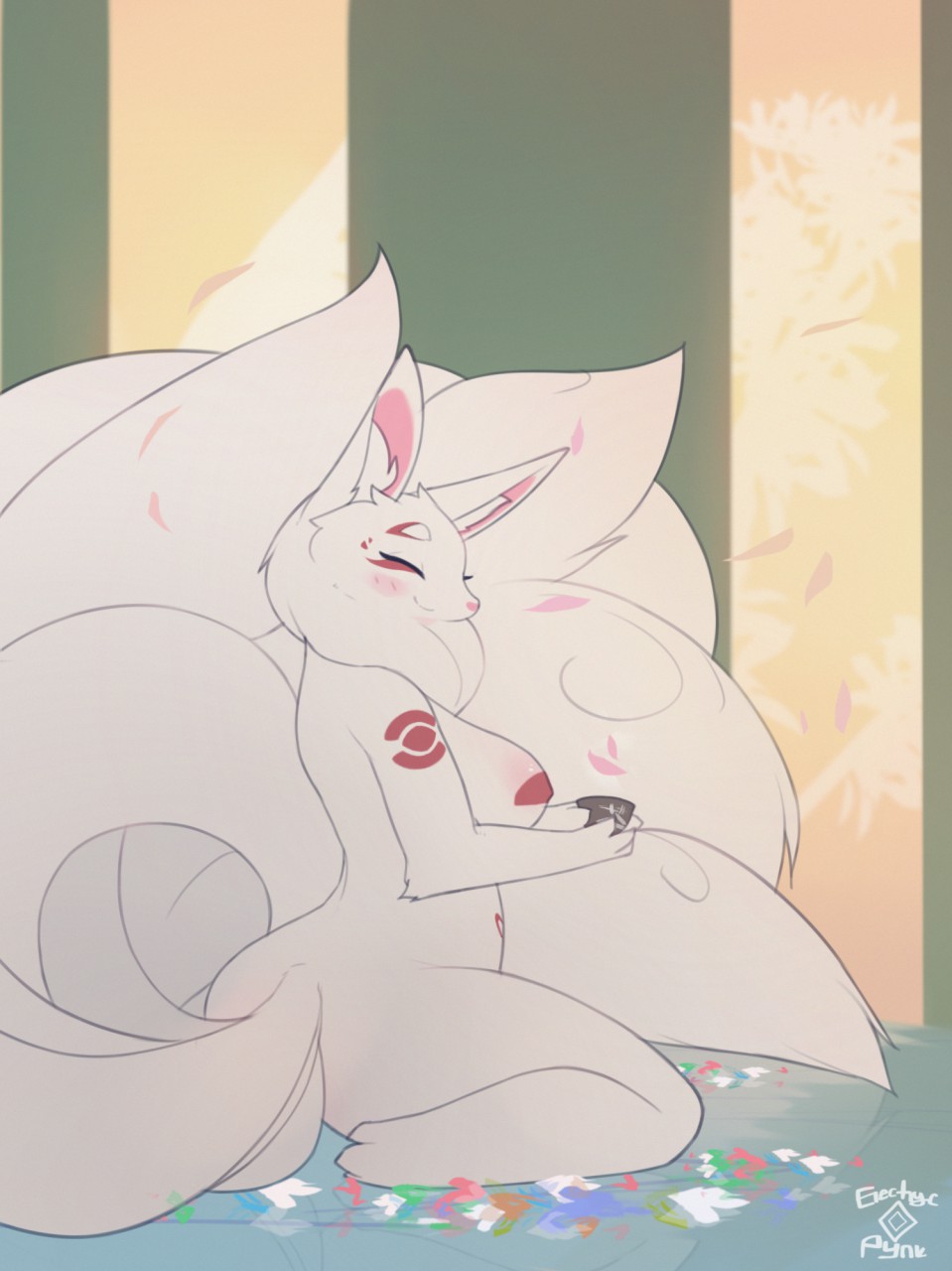 2019 anthro blush breasts butt_pose canid canine cup detailed_background digital_media_(artwork) electrycpynk eyes_closed female flower fox fur hi_res inner_ear_fluff kneeling mammal markings multi_tail neck_tuft nude plant red_markings signature smile tree tuft white_fur