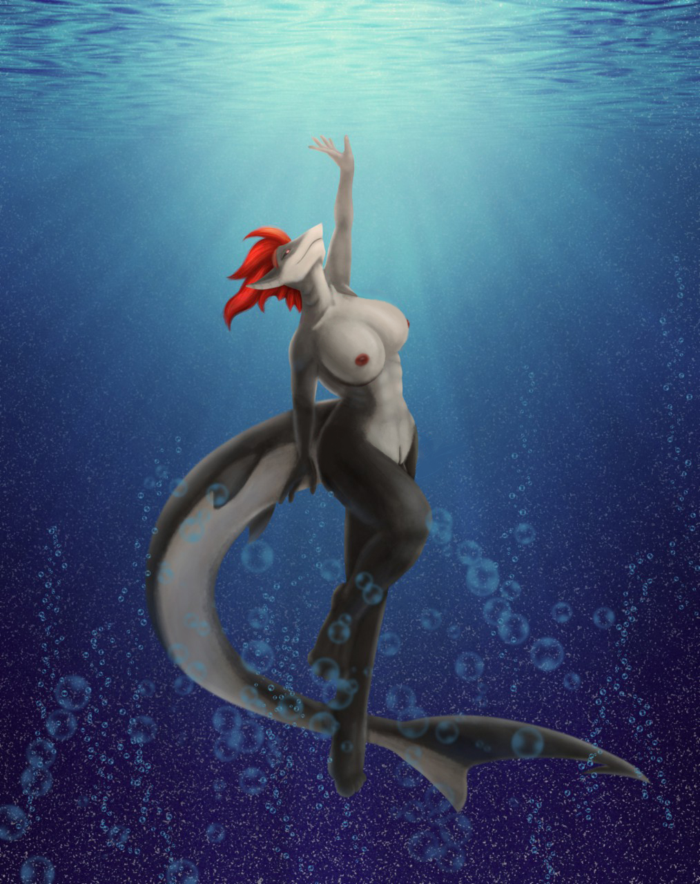 5_fingers abs anthro barefoot big_breasts black_skin breasts bubble butt detailed_background female fin fish glowing glowing_eyes hair half-closed_eyes hi_res looking_up marine multicolored_skin muscular nipples non-mammal_breasts pussy red_eyes red_hair shark slit smile solo swimming tiburia toes two_tone_skin viny_de_siqueira water white_skin