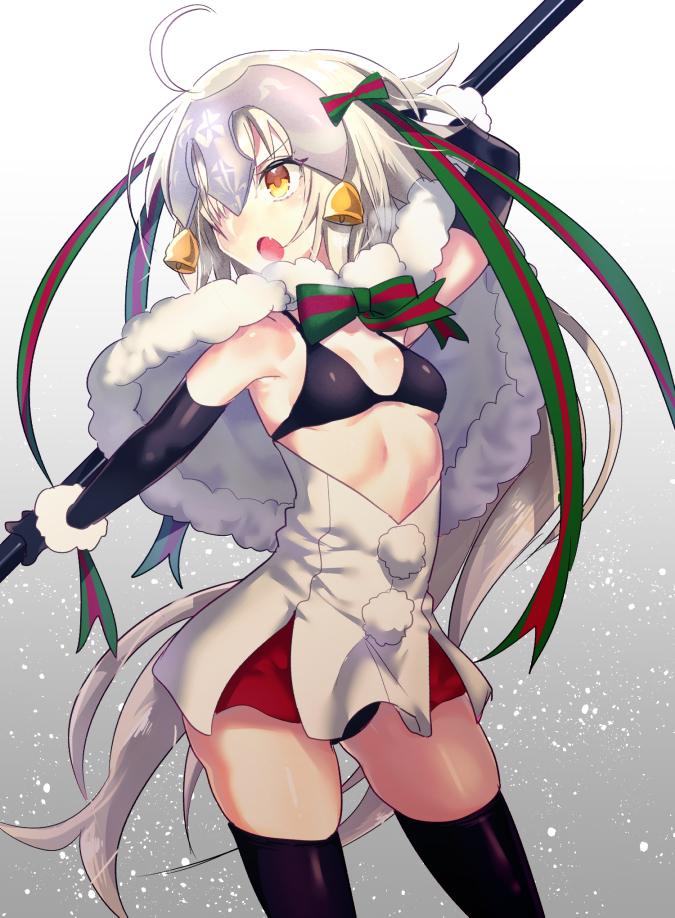 1girl :o ahoge bell black_bikini_top black_gloves black_legwear blonde_hair bow breasts cape capelet elbow_gloves fang fate/grand_order fate_(series) fur-trimmed_cape fur-trimmed_capelet fur_trim gloves gluteal_fold green_bow green_ribbon hair_over_one_eye headpiece jeanne_d'arc_(fate)_(all) jeanne_d'arc_alter_santa_lily long_hair looking_to_the_side makita_(homosapiensu) ribbon skindentation skirt small_breasts solo stomach striped striped_ribbon thighhighs thighs v-shaped_eyebrows very_long_hair white_capelet yellow_eyes