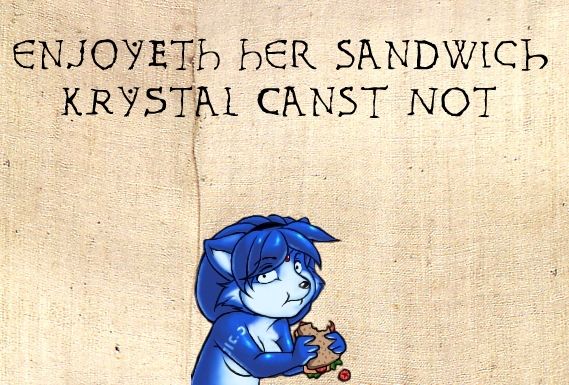 black_nose black_pupils blue_fur blue_hair bread can't_enjoy cheese chewing dairy_products food fruit fur hair holding_object krystal krystal_can't_enjoy_her_sandwich lettuce medieval_english_text meme nintendo no_irises plant sandwich_(disambiguation) star_fox tattoo tomato unknown_artist video_games white_face white_muzzle