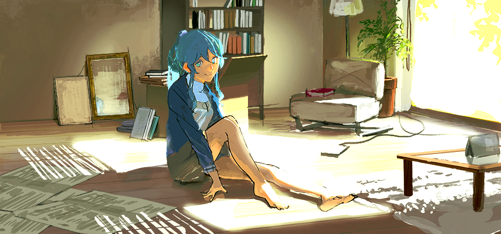 1girl alternate_costume arm_support bangs barefoot blue_eyes blue_hair blue_jacket book bookshelf brown_skirt chair closed_mouth coffee_table commentary curtains day floor_lamp fujibejifu full_body gotland_(kantai_collection) hair_between_eyes hair_bun indoors jacket kantai_collection long_sleeves looking_at_viewer mole mole_under_eye painting paper picture_frame plant potted_plant rug shadow sidelocks sitting skirt smile solo tree turtleneck wall window wooden_floor