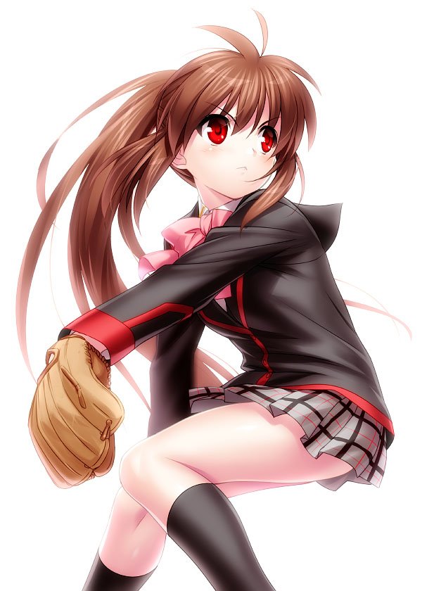 1girl baseball_glove black_jacket black_legwear blazer bow bowtie brown_hair commentary_request jacket kneehighs little_busters! long_hair natsume_rin pink_neckwear pitching plaid plaid_skirt pleated_shirt ponytail red_eyes school_uniform simple_background skirt solo white_background zen