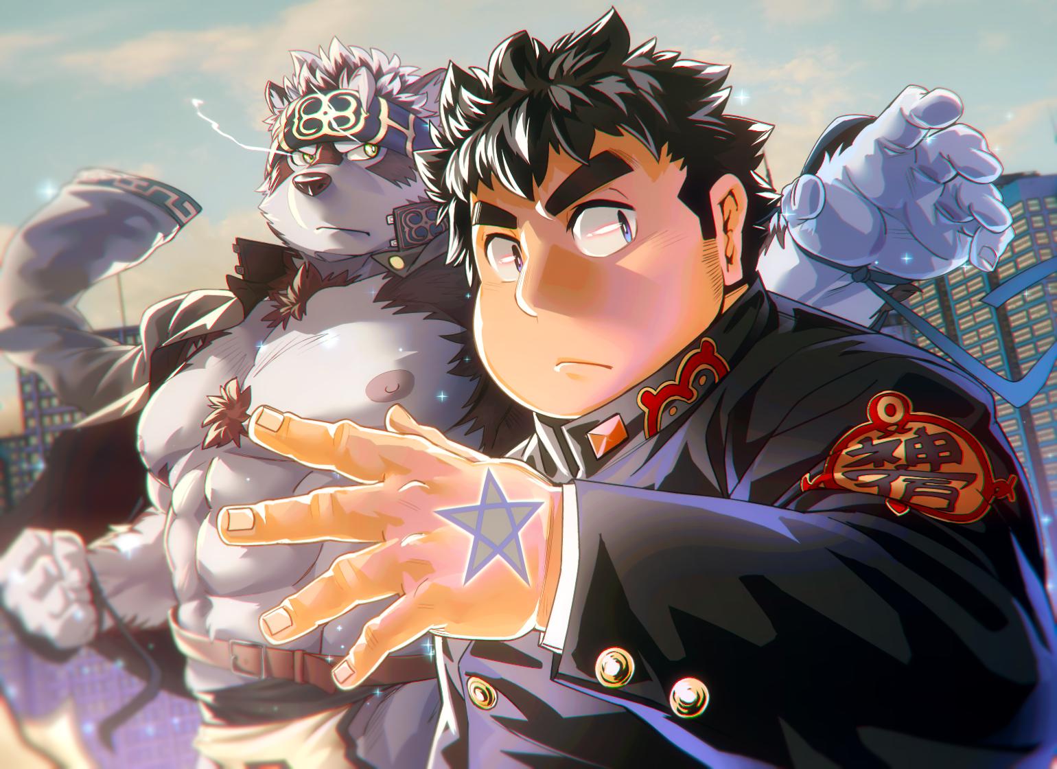 2019 abs anthro canid canine canis chubby_protagonist_(tas) clothing fur headband horkeukamui human male mammal multicolored_fur muscular muscular_male nipples oaks16 overweight overweight_male pecs protagonist_(tas) tokyo_afterschool_summoners video_games white_fur wolf