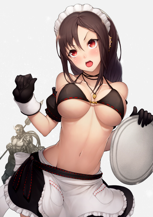 1boy 1girl alternate_costume apron bangs banned_artist bare_shoulders black_bikini_top black_gloves black_skirt blush braid breasts brown_hair centaur cleavage collarbone commentary_request consort_yu_(fate) ear_piercing earrings enmaided fate/grand_order fate_(series) gloves hair_between_eyes jewelry kyoeiki large_breasts long_hair looking_at_viewer maid maid_headdress multiple_earrings navel necklace open_mouth piercing red_eyes skirt tray very_long_hair waist_apron wrist_cuffs xiang_yu_(fate/grand_order)