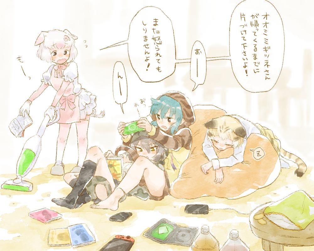 4girls adapted_costume animal_ears animal_print apron barefoot bean_bag_chair black_legwear blonde_hair blue_hair blush book bow bowtie cat_ears cat_print cat_tail chips cleaning comic commentary_request elbow_gloves eyebrows_visible_through_hair flying_sweatdrops food frilled_skirt frills gloves grey_hair habu_(kemono_friends) handheld_game_console hood kemono_friends long_sleeves lying lying_on_person messy moeki_(moeki0329) multicolored_hair multiple_girls nintendo_switch on_stomach open_mouth pig_(kemono_friends) pig_ears pig_tail pink_hair pink_legwear playstation_portable print_skirt puffy_short_sleeves puffy_sleeves reading sand_cat_(kemono_friends) short_hair short_sleeves sitting skirt sleeping slippers snake_print snake_tail socks standing tail thighhighs translation_request tsuchinoko_(kemono_friends) vacuum_cleaner white_hair zettai_ryouiki zzz