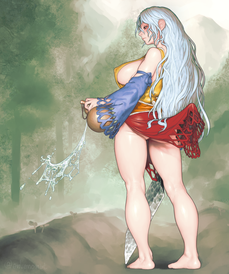 1girl bare_shoulders barefoot breasts closed_mouth detached_sleeves dress erect_nipples forest full_body gengoroumaru_(ambidextrous) gourd hatchet large_breasts long_hair long_sleeves multicolored multicolored_clothes multicolored_dress nature no_panties oriental_hatchet outdoors pouring profile red_eyes sakata_nemuno sideboob silver_hair solo standing touhou wavy_hair