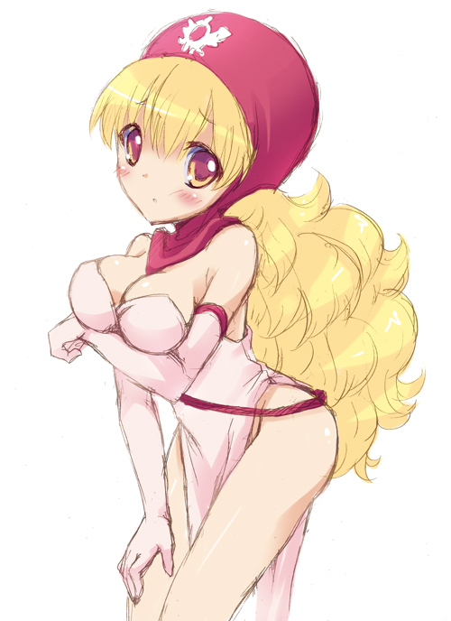 1girl bare_shoulders blonde_hair blush breasts cleavage closed_mouth commentary_request curly_hair dragon_quest dragon_quest_ii dress groin hood kichijou_agata long_hair looking_at_viewer medium_breasts princess princess_of_moonbrook red_eyes simple_background solo white_background