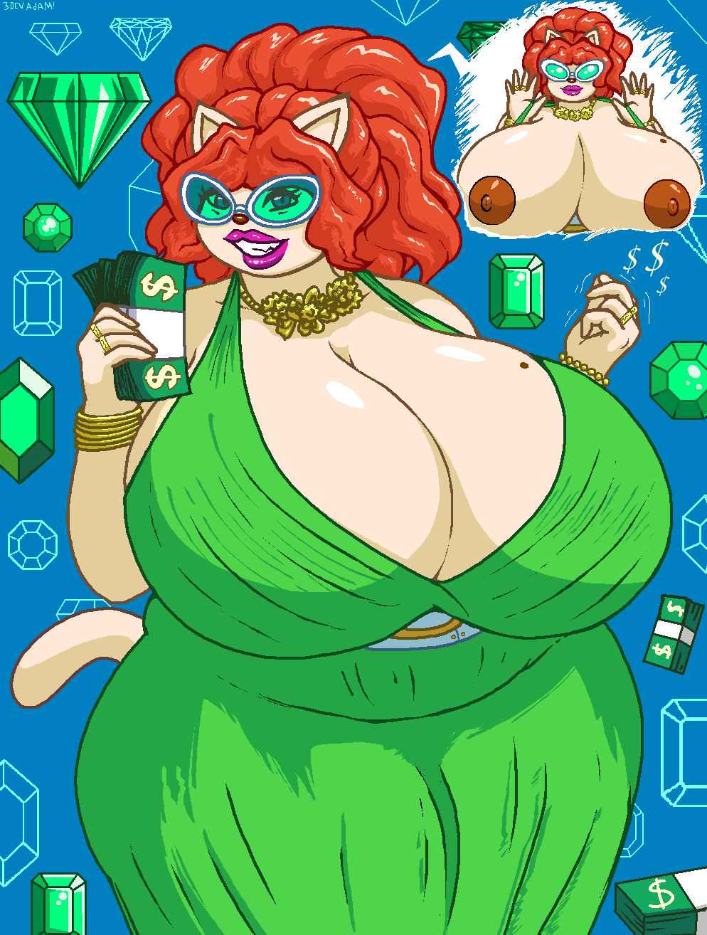 beauty_mark big_breasts bracelet breasts chooy64 cleavage clothed clothing domestic_cat dress eyewear felid feline felis female gem hair hi_res huge_breasts jewelry lipstick luigi64 makeup mammal money ring smile solo sunglasses