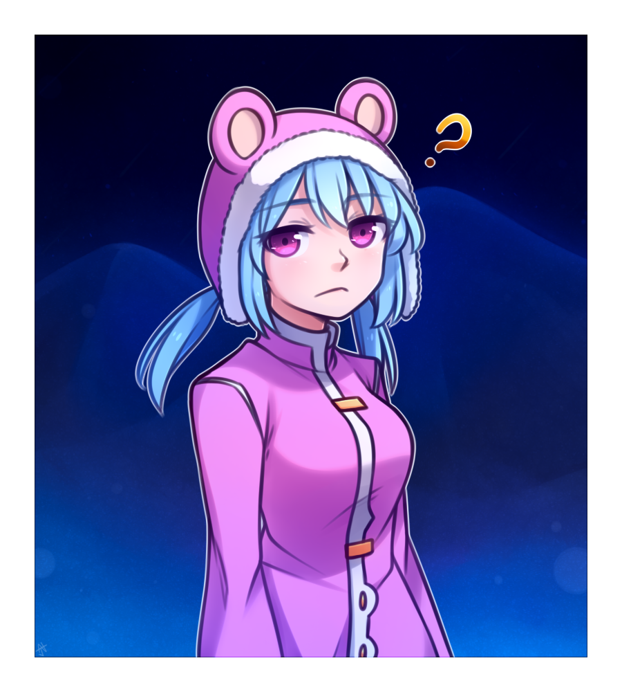 1girl :&lt; ? animal_hood blue_hair commentary english_commentary eyebrows_visible_through_hair eyes_visible_through_hair fur-trimmed_hood hood long_hair long_sleeves looking_at_viewer low_twintails nixie_(rabi_ribi) outline pink_coat pink_eyes rabi-ribi solo speckticuls twintails upper_body white_outline