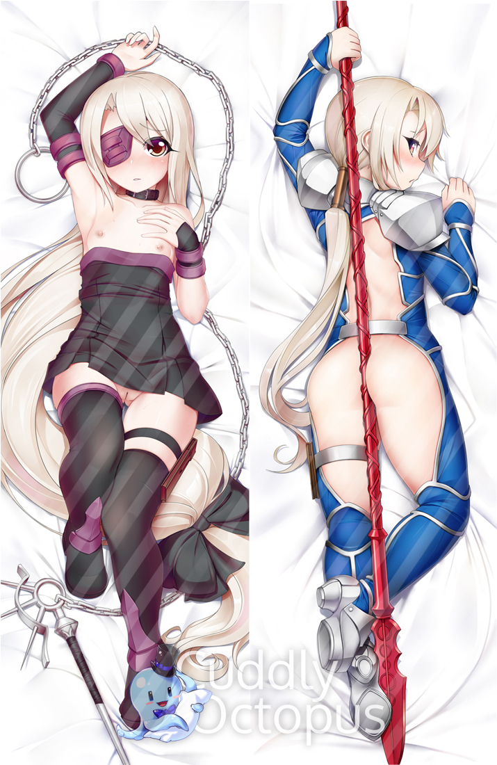 1girl arm_up armpits ass backless_outfit bare_shoulders bed_sheet between_buttocks black_dress black_footwear black_ribbon blonde_hair blush boots breasts chains collar collarbone cosplay cuddly_octopus dakimakura detached_sleeves dress dress_pull eyebrows_visible_through_hair eyepatch fate/kaleid_liner_prisma_illya fate_(series) full_body gae_bolg gluteal_fold hair_ribbon hair_tubes hand_on_own_chest illyasviel_von_einzbern krokobyaka lancer lancer_(cosplay) long_hair looking_at_viewer looking_back low-tied_long_hair low_ponytail lying multiple_views nipples no_panties on_back on_stomach polearm purple_eyes pussy ribbon rider rider_(cosplay) short_dress shoulder_armor shoulder_blades single_detached_sleeve small_breasts spear strapless strapless_dress thigh_boots thigh_strap thighhighs very_long_hair weapon
