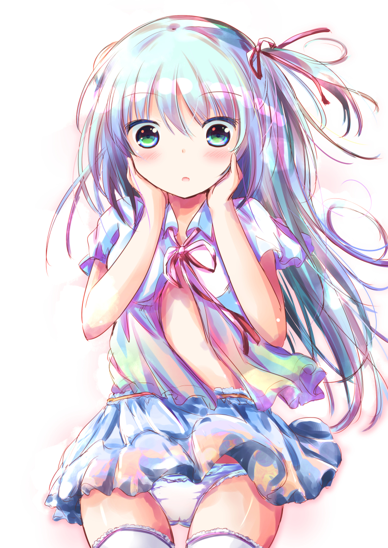 1girl bangs blue_hair blue_skirt blush breasts cameltoe collared_shirt commentary_request dress_shirt eyebrows_visible_through_hair green_eyes hair_between_eyes hair_ribbon hands_up long_hair neck_ribbon open_clothes open_shirt original panties parted_lips pleated_skirt purple_shirt red_ribbon ribbon shihou_haru shirt skirt small_breasts solo thighhighs two_side_up underwear very_long_hair white_legwear white_panties