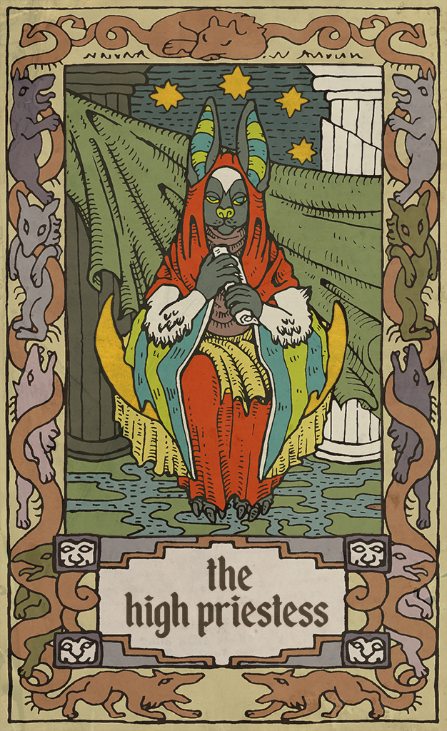 big_ears blue_eyes card chiropteran claws clothed clothing english_text female fortune_telling fur green_nose looking_at_viewer mammal membranous_wings musorok night outside pillars robe scroll sitting sky tarot tarot_card text water wings