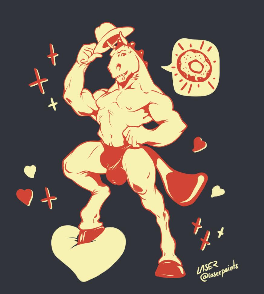 &lt;3 2019 anthro arby's bulge clothing doughnut equid equine food hat hooves horse laser_(artist) male mammal muscular muscular_male solo speedo swimsuit