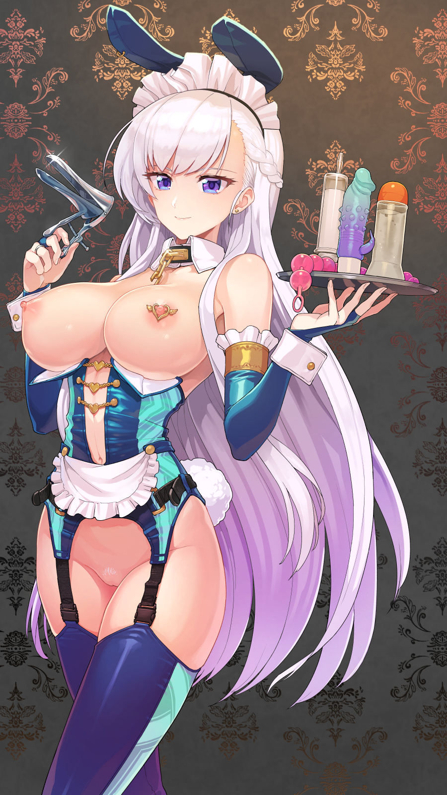 1girl anal_beads animal_ears apron azur_lane belfast_(azur_lane) braid breasts bridal_gauntlets brown_hair bunny_ears bunny_girl bunny_tail closed_mouth collar commentary_request detached_collar dildo earrings elbow_gloves fake_animal_ears fake_tail fingernails floating_hair french_braid frilled_apron frilled_gloves frills gloves highres holding holding_tray jewelry large_breasts long_hair looking_at_viewer lube maid_headdress nipple_piercing no_panties piercing pubic_hair purple_eyes purple_gloves purple_legwear pussy ring side_braid sidelocks smile solo speculum standing supurai syringe tail thighhighs tray very_long_hair vibrator waist_apron wedding_band white_apron white_hair wrist_cuffs