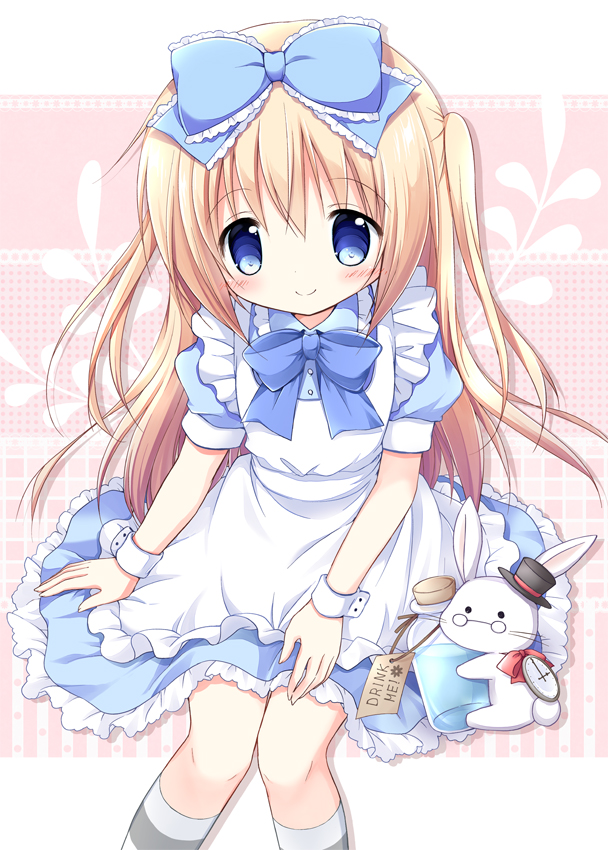 1girl alice_(wonderland) alice_in_wonderland animal apron bangs black_hat blonde_hair blue_bow blue_dress blue_eyes blush bottle bow bunny closed_mouth collared_dress commentary_request dress drink_me eyebrows_visible_through_hair frilled_apron frilled_bow frilled_dress frills hair_between_eyes hair_bow hat kneehighs long_hair maid_apron mini_hat mini_top_hat nanase_miori pocket_watch puffy_short_sleeves puffy_sleeves red_bow short_sleeves sitting smile striped striped_legwear tilted_headwear top_hat two_side_up very_long_hair watch white_apron white_rabbit wrist_cuffs