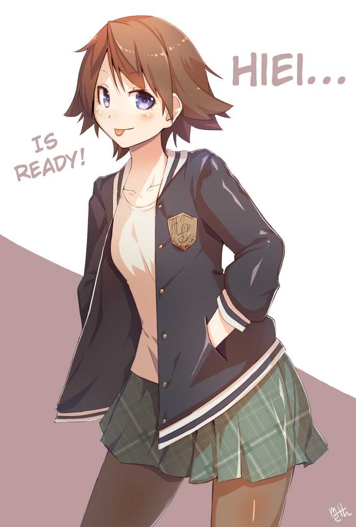 10s 1girl :p alternate_costume blue_eyes brown_hair collarbone hands_in_pockets hard_translated hiei_(kantai_collection) jacket kantai_collection meth_(emethmeth) pantyhose plaid plaid_skirt pleated_skirt shirt skirt solo tongue tongue_out translated white_shirt