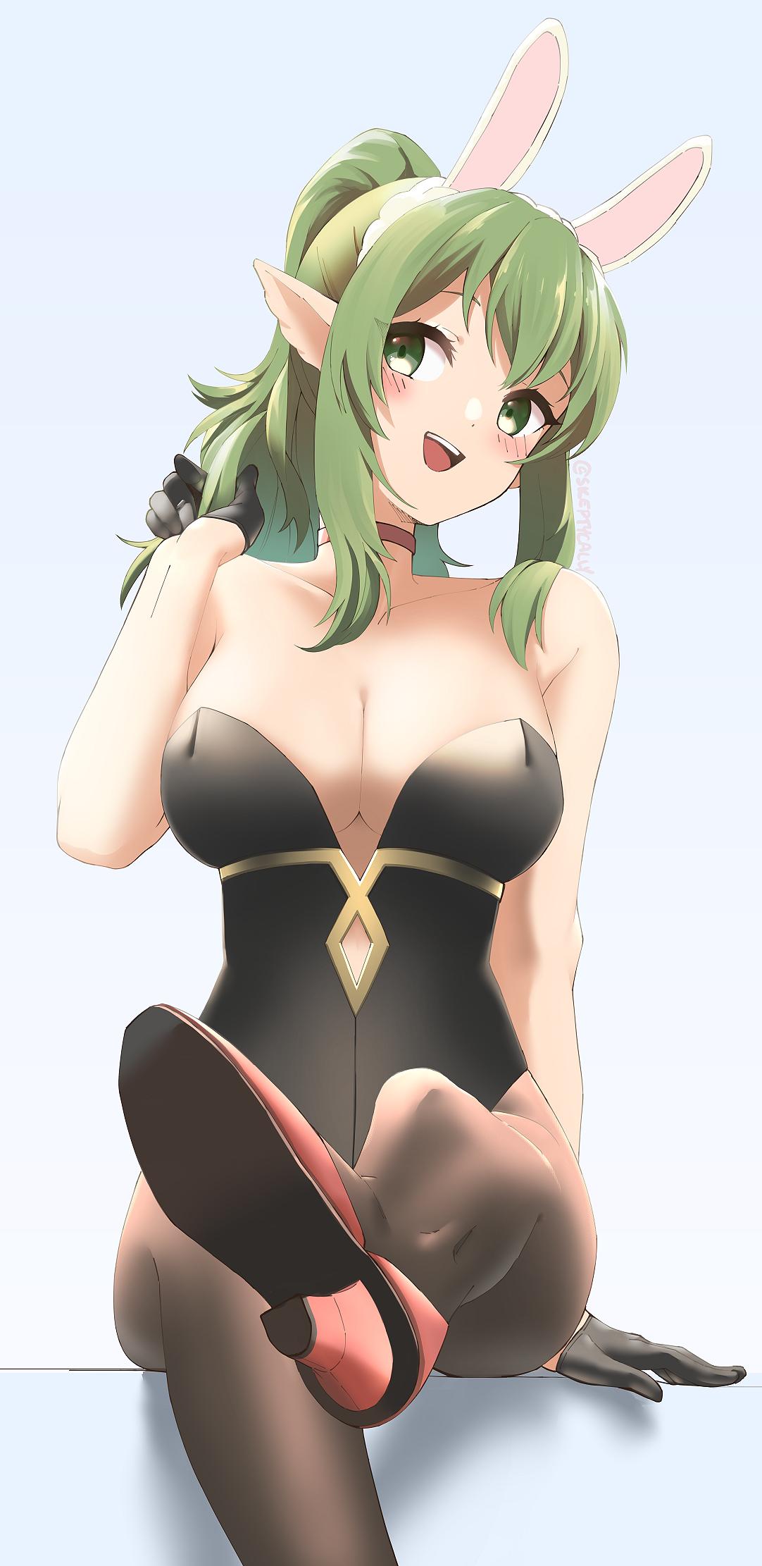 1girl :d animal_ears bare_shoulders black_gloves blue_background blush breasts brown_legwear bunny_ears chiki choker cleavage commentary english_commentary fake_animal_ears fire_emblem fire_emblem:_monshou_no_nazo foreshortening gloves green_eyes green_hair half_gloves hand_up high_heels highres large_breasts leotard nintendo open_mouth pantyhose pointy_ears ponytail sidelocks simple_background skeptycally smile solo