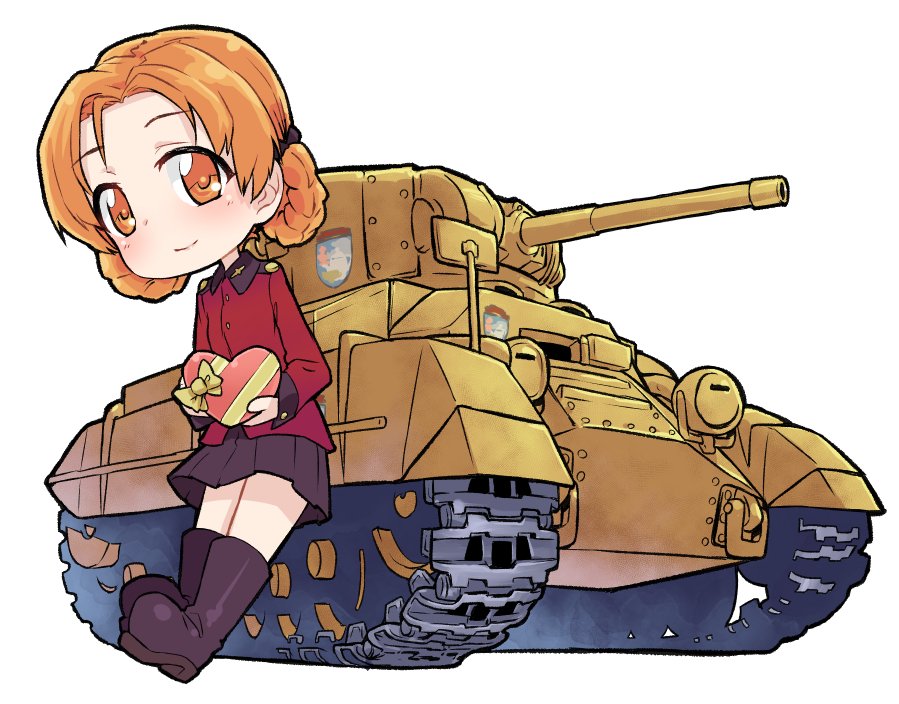 1girl bangs black_bow black_footwear black_skirt boots bow box braid chibi closed_mouth commentary emblem epaulettes gift girls_und_panzer hair_bow heart-shaped_box holding holding_gift jacket leaning_back leaning_on_object long_sleeves looking_at_viewer military military_uniform miniskirt monolith_(suibou_souko) orange_hair orange_pekoe parted_bangs pleated_skirt red_jacket short_hair simple_background skirt smile solo st._gloriana's_(emblem) st._gloriana's_military_uniform standing twin_braids uniform valentine valentine_(tank) white_background