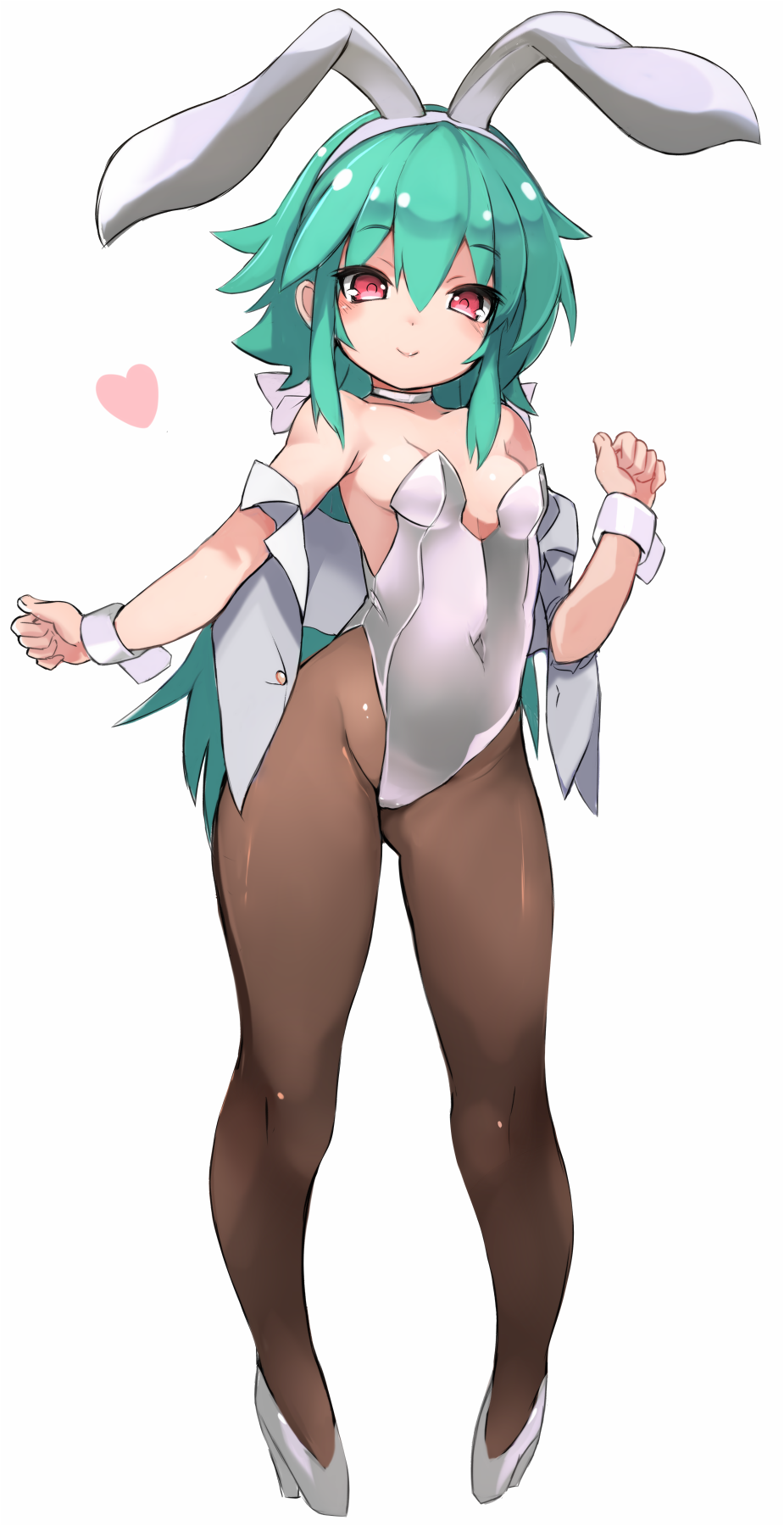 1girl animal_ears bangs bare_shoulders blush breasts brown_legwear bunny_ears bunnysuit closed_mouth collarbone covered_navel fake_animal_ears fingernails full_body green_hair hair_between_eyes hairband heart high_heels highres karukan_(monjya) leotard long_hair off_shoulder open_clothes open_vest pantyhose red_eyes shinrabanshou shizuku_(shinrabanshou) shoes simple_background small_breasts smile solo standing strapless strapless_leotard very_long_hair vest white_background white_footwear white_hairband white_leotard white_vest wrist_cuffs