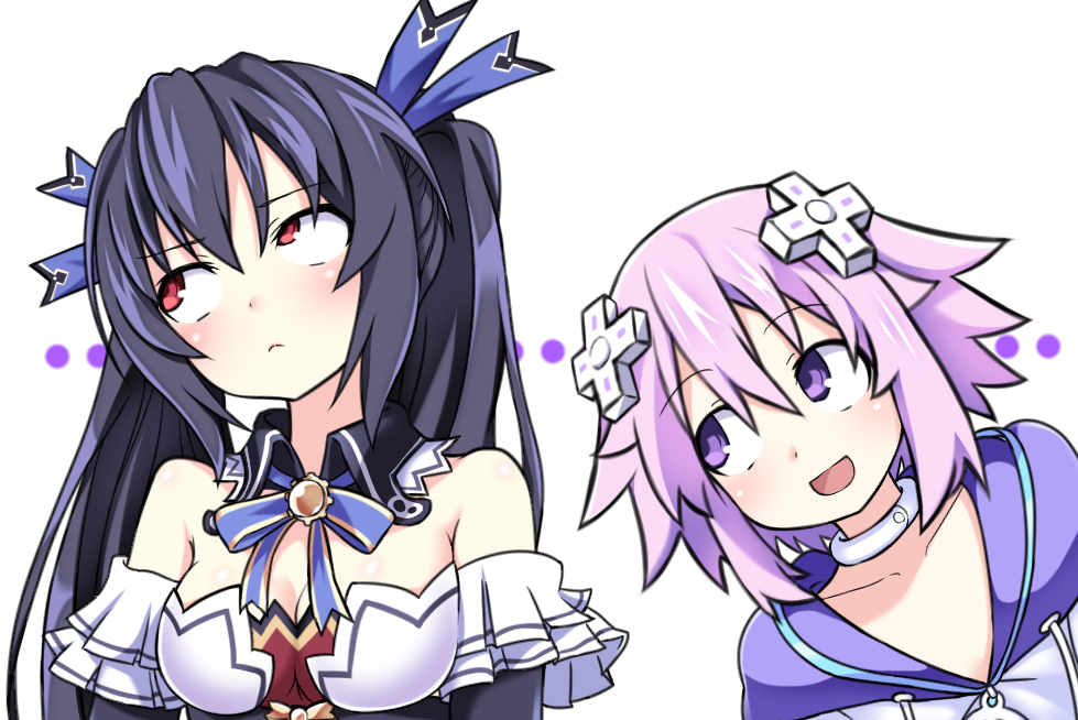 2girls bangs bare_shoulders blush breasts choujigen_game_neptune cleavage d-pad d-pad_hair_ornament eyebrows_visible_through_hair hair_ornament hair_ribbon hood hood_down kurozero long_hair medium_breasts multiple_girls neptune_(neptune_series) neptune_(series) noire purple_eyes purple_hair red_eyes ribbon rolling_eyes short_hair twintails