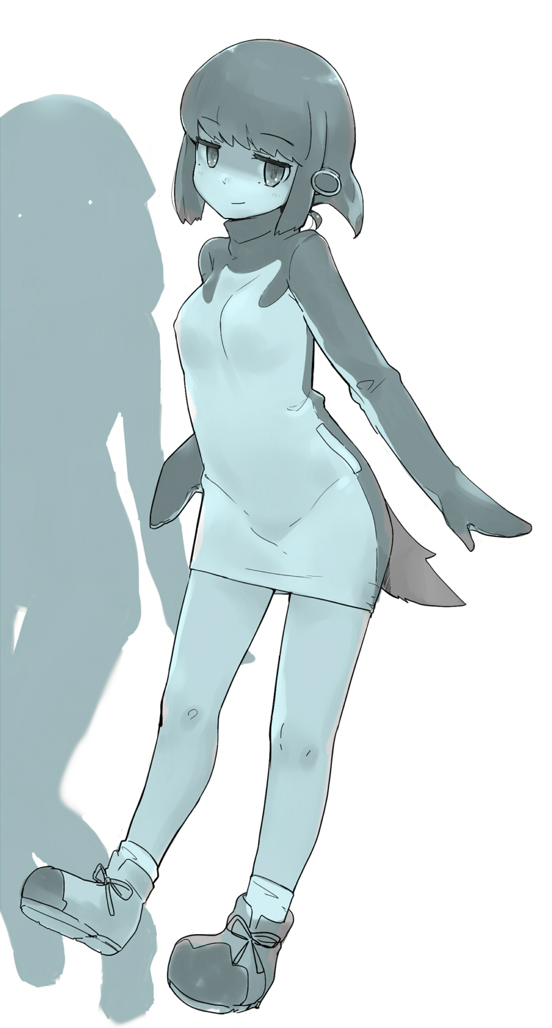 2018 ad&eacute;lie_penguin_(kemono_friends) animal_humanoid arched_back avian avian_humanoid biped breasts clothed clothing digital_drawing_(artwork) digital_media_(artwork) dress duo eyebrow_through_hair eyebrows feathers female footwear front_view full-length_portrait fully_clothed grey_theme hair hair_accessory hi_res humanoid ibityuttyu japanese kemono_friends legwear looking_aside looking_away nipple_outline penguin_humanoid portrait pose restricted_palette shoes short_hair silhouette simple_background small_breasts smile socks solo_focus suspended_in_midair tail_feathers translucent translucent_hair white_background