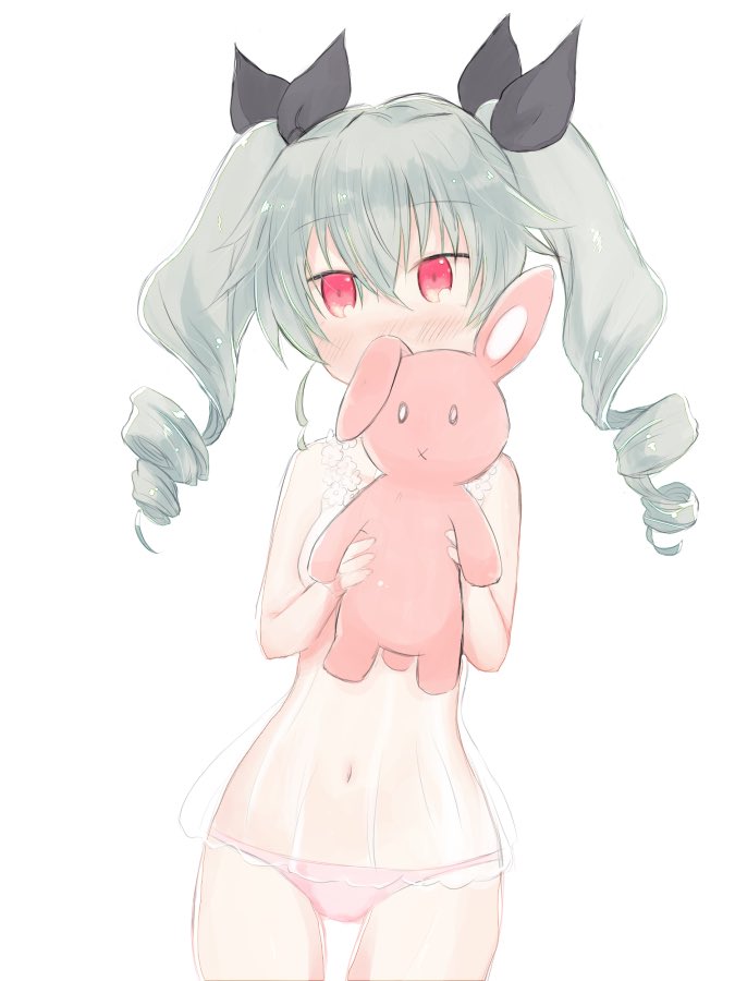 1girl aimai_(luckyfive) anchovy bangs black_ribbon blush chemise commentary covered_mouth cowboy_shot drill_hair eyebrows_visible_through_hair girls_und_panzer green_hair hair_ribbon holding holding_stuffed_animal lingerie long_hair navel panties pink_panties red_eyes ribbon see-through simple_background solo standing stuffed_animal stuffed_bunny stuffed_toy twin_drills twintails underwear underwear_only white_background