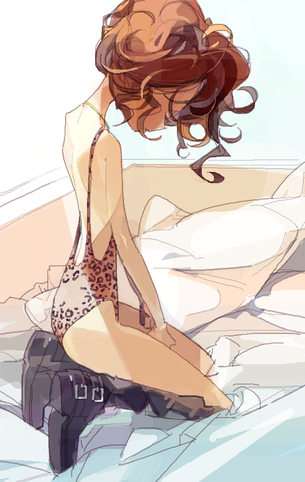 1girl amiami animal_print boots brown_hair curly_hair derivative_work female kneeling leopard_print leotard original photo-referenced profile solo