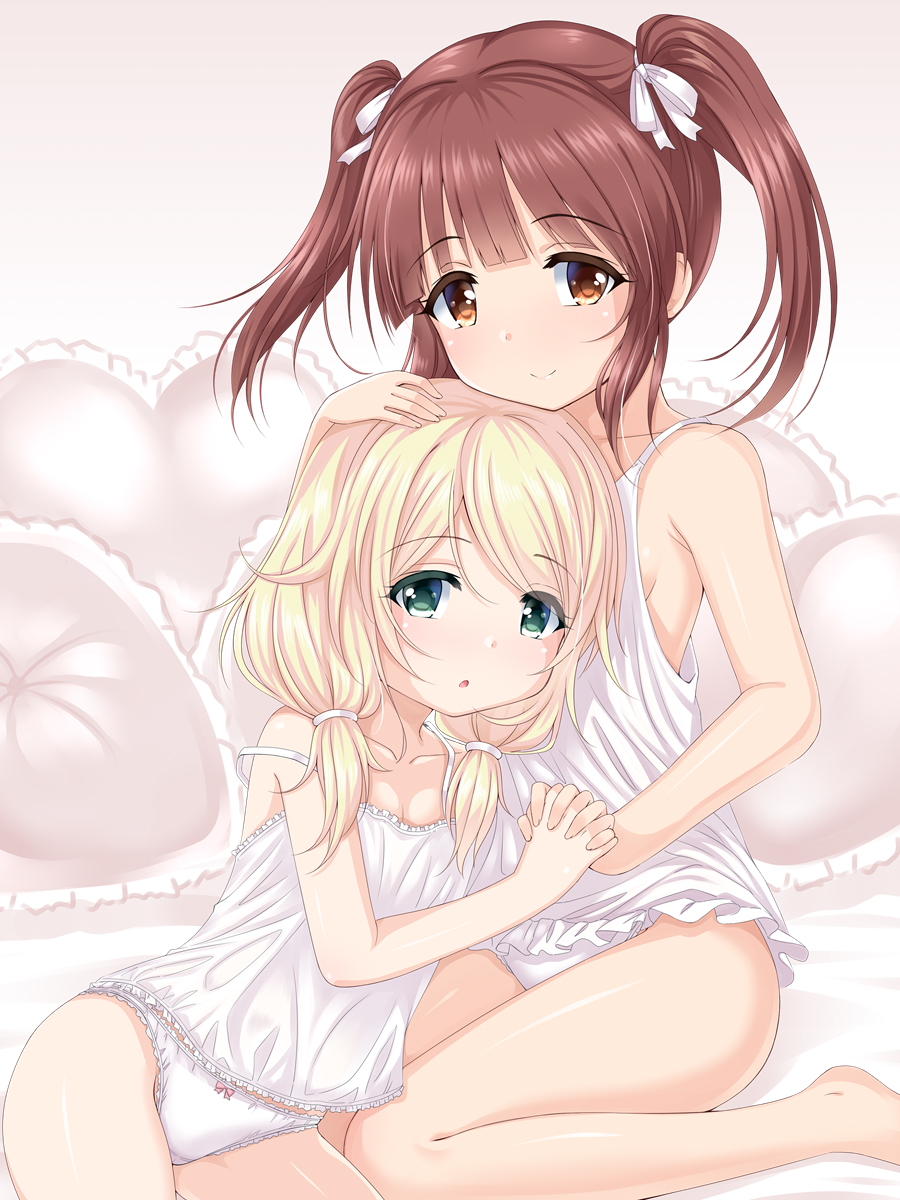 2girls :o bangs bare_arms bare_legs bare_shoulders barefoot bed_sheet blonde_hair blush bow bow_panties breasts brown_eyes brown_hair camisole cleavage closed_mouth collarbone commentary_request eyebrows_visible_through_hair fingernails frilled_pillow frills green_eyes hair_between_eyes hair_bow hand_holding hand_on_another's_head heart heart_pillow highres idolmaster idolmaster_cinderella_girls interlocked_fingers long_hair multiple_girls ogata_chieri panties parted_lips pillow sitting small_breasts smile strap_slip twintails u2_(5798239) underwear wariza white_bow white_camisole white_panties yusa_kozue