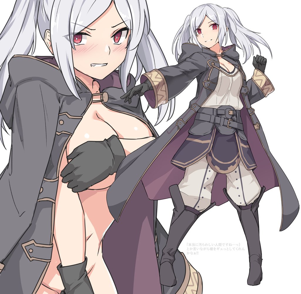 1girl angry bangs black_footwear black_gloves blush boots breasts cape cleavage commentary_request covering covering_breasts eyes_visible_through_hair fire_emblem fire_emblem:_kakusei fire_emblem_heroes gimurei gloves hood jacket large_breasts long_hair long_sleeves looking_at_viewer multiple_views my_unit_(fire_emblem:_kakusei) naked_cape navel nintendo nude parted_bangs red_eyes shirt shiseki_hirame simple_background skirt teeth translation_request twintails white_background white_legwear white_shirt