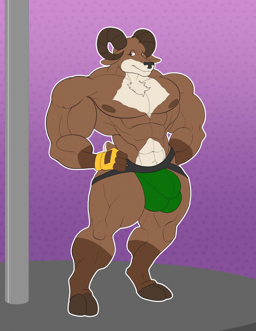 2018 abs anthro backless_gloves biceps big_muscles bighorn_sheep biped black_nose bovid brown_eyes brown_fur brown_hooves brown_horn brown_nipples brown_tail bulge caprine chest_tuft clothed clothing digital_media_(artwork) dotted_background easton_green fingerless_gloves front_view full-length_portrait fur gloves green_clothing green_underwear hands_on_hips head_tuft hi_res hooves horn jockstrap male mammal multicolored_fur multicolored_tail muscular muscular_male nipples pattern_background pecs pole portrait purple_background sheep short_tail simple_background small_tail smile solo standing stripper_pole topless tuft two_tone_tail underwear unknownwolf white_fur white_tail