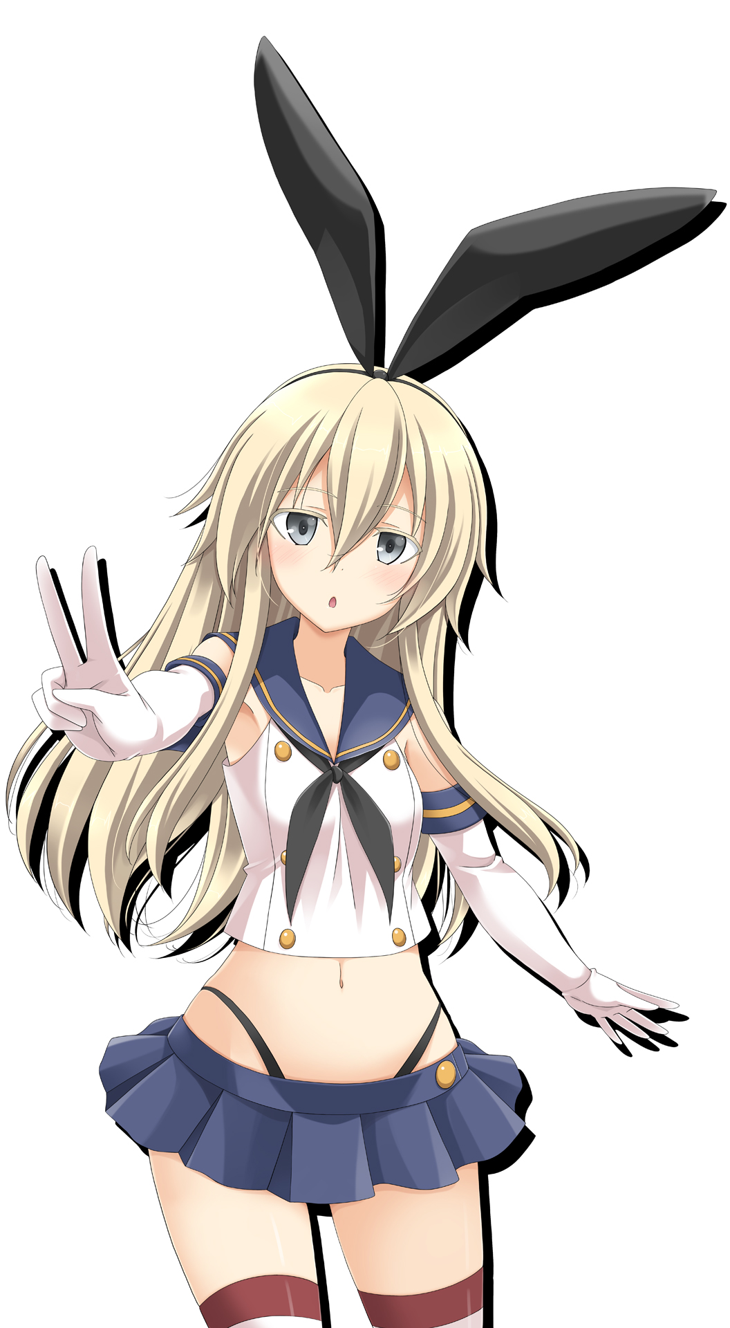 animal_ears blonde_hair breasts bunny_ears chestnut_mouth commentary_request crop_top elbow_gloves fake_animal_ears foreshortening gloves grey_eyes hair_between_eyes hairband highres kantai_collection long_hair looking_at_viewer navel neckerchief open_mouth outstretched_arm pleated_skirt rappa_(rappaya) school_uniform serafuku shimakaze_(kantai_collection) shirt sidelocks skirt sleeveless sleeveless_shirt small_breasts solo standing striped striped_legwear thighhighs upper_body v white_background