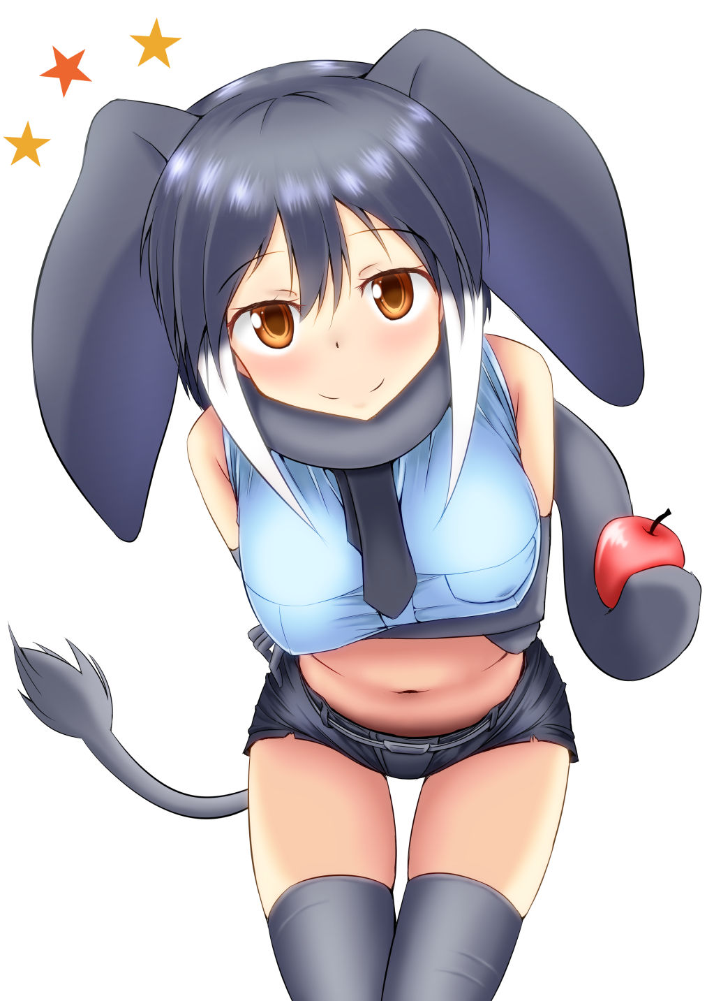 2019 african_bush_elephant_(kemono_friends) amber_eyes animal_humanoid apple arms_under_breasts armwear belly belt big_breasts big_ears biped black_bottomwear black_clothing black_shorts blue_clothing blue_shirt blue_topwear blush bottomwear breasts clothed clothing crop_top cutoffs denim_shorts digital_drawing_(artwork) digital_media_(artwork) elbow_gloves elephant_humanoid eyebrow_through_hair eyebrows female floppy_ears food front_view fruit fully_clothed glistening glistening_hair gloves grey_armwear grey_clothing grey_ears grey_gloves grey_hair grey_socks grey_tail hair hair_highlights hajime_ilust half-length_portrait hi_res holding_food holding_object humanoid japanese kemono_friends leaning leaning_forward legwear light lighting looking_at_viewer mammal midriff multicolored_hair navel necktie plant pockets portrait proboscidean proboscidean_humanoid raised_eyebrows scarf shadow shirt short_hair shorts simple_background smile socks solo standing star tail_tuft thigh_gap thigh_highs thigh_socks topwear translucent translucent_hair trunk trunk_hold tuft two_tone_hair white_background white_hair white_highlights