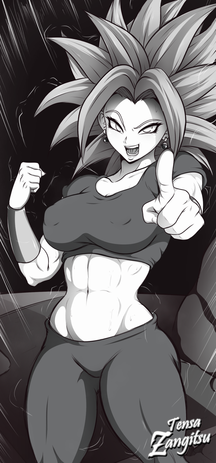 1girl abs artist_name breasts clenched_hand crop_top dragon_ball dragon_ball_super earrings erect_nipples greyscale highres jewelry kefla kefla_(dragon_ball) leggings medium_breasts midriff monochrome muscle muscular_female open_mouth pants pointing short_sleeves smile solo spiked_hair stomach tensa-zangitsu toned vambraces