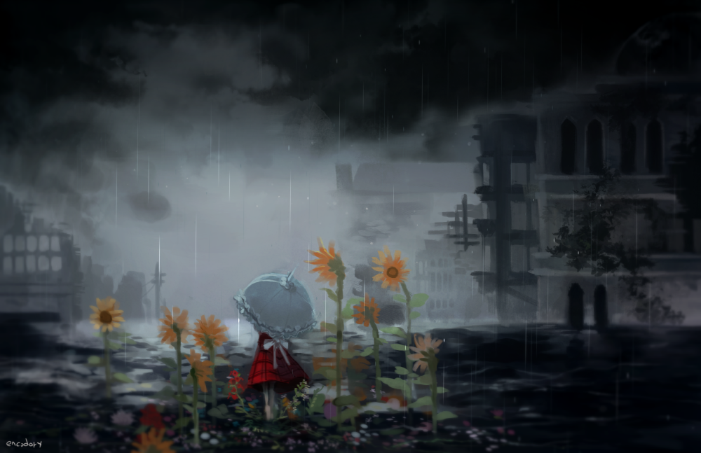 1girl artist_name black_clouds black_sky building city cloud cloudy_sky commentary_request dark encodory flower from_behind green_hair holding holding_umbrella kazami_yuuka parasol plaid plaid_skirt plaid_vest power_pole rain red_skirt red_vest ruins scenery skirt sky solo standing sunflower touhou umbrella vest